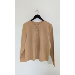 LL Bean Waffle Knit Henley Shirt Womens Tan/Brown Long Sleeve Button Size 1X
